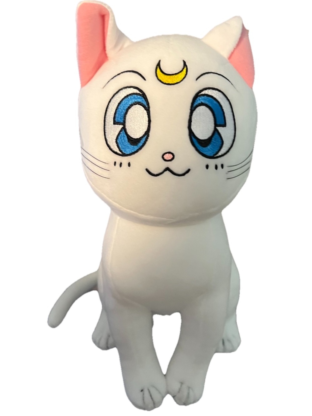 White Cat Plush Toy with Blue Eyes and Yellow Crescent -